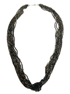 Multi-Strand Seed Bead Knotted Statement Necklace Black & Gold Tone Boho Earthy